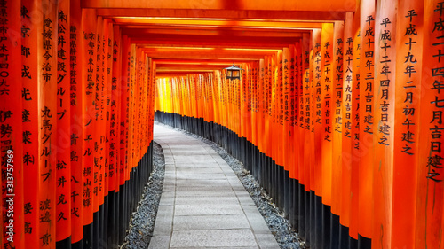 walking past torii gates and lantern at fushimi inari shrine