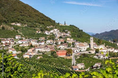 Picturesque hills with vineyards of the Prosecco sparkling wine region between Valdobbiadene and Conegliano; Italy.