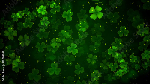 Beautiful Green Leaves Of Three And Four Leaf Clover Bokeh Light With Glitter Dust Background For St Patrick's Day