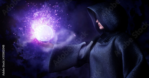 Witch raise hand control ball-glass to cast a black magic spell to background smoke and particle effect from magic,3d rendering picture.
