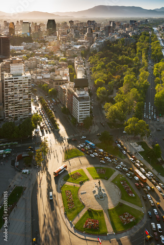 Aerial view of Plaza Baquedano and historic downtown and civic center at Santiago de Chile