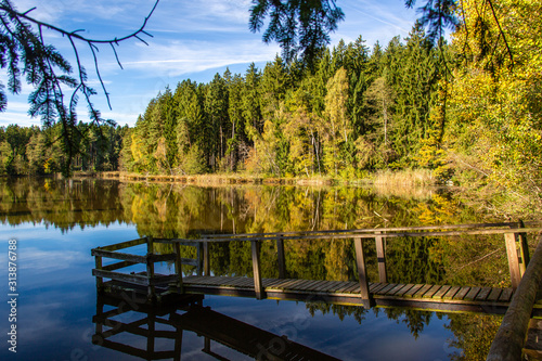 Herbststimmung mit Spiegelung im See in Oberschwaben