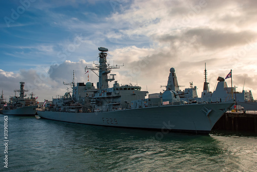 The Royal Navy Frigate HMS Lancaster (F229) moored in Portsmouth, UK