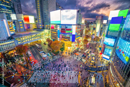 Shibuya Crossing from top view at twilight in Tokyo