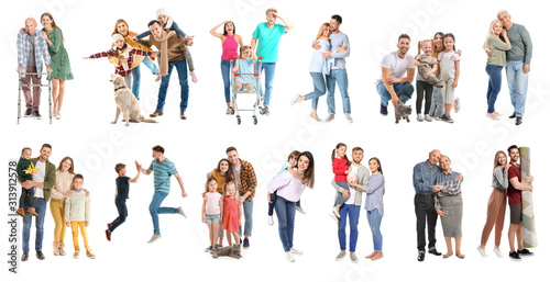 Collage with different people on white background