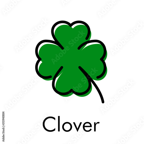 Logotipo abstracto con texto Clover con trébol lineal de 4 hojas con relleno en color verde