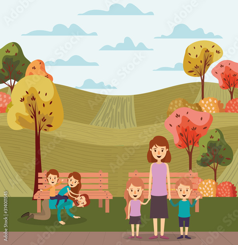 Mother father daughter son bench and trees vector design