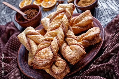 close-up of Cinnamon sugar puff pastry twists