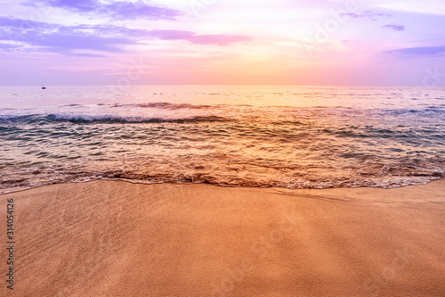 Sunset beach, sea scape, evening beach view, vintage warm light, Southern Thailand, holiday destination, relaxing time