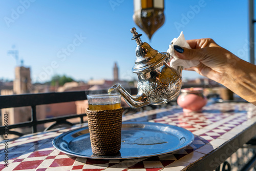 Enjoying moroccan tea on the roof top of Marrakech, Morocco