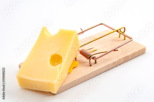Vermin and pest control conceptual idea mouse trap used to catch a mouse with cheese as bait isolated on white background