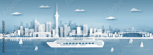 Panorama view of Auckland city skyline with world famous landmarks in paper cut style vector illustration