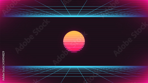 Synthwave abstract background. Retro future 80s backdrop. Sun with perspective grids. Synthwave party flyer, cover, poster, banner, print template. Stock vector illustration