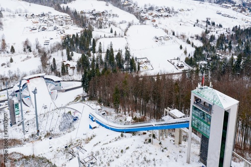 Aerial drone on ski jump tower in Wisla Malinka