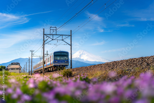 A local train of JR Izuhakone Tetsudo-Sunzu Line traveling through the countryside on a sunny winter day and Mt. Fuji in Mishima, Shizuoka, Japan