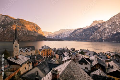 Winter View of Hallstatt, traditional austrian wood village, UNESCO world culture heritage site. Alps, Austria.