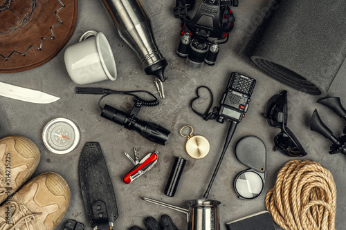 travel hiking equipment tools, view from above