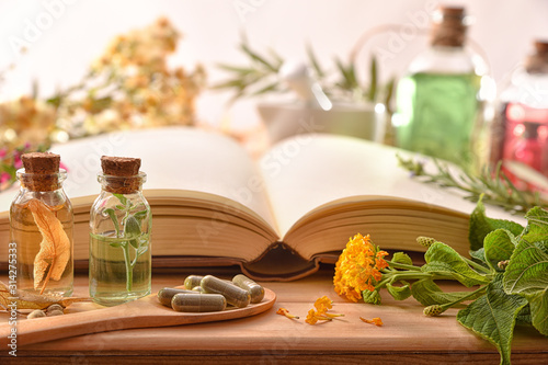 Traditional medicine with herbs and book on table front view