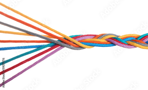 Braided colorful ropes isolated on white. Unity concept