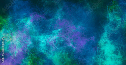 Digital drawing background. Variety stains of paint in blue, green and purple tones. Futuristic pattern. Abstract artwork.