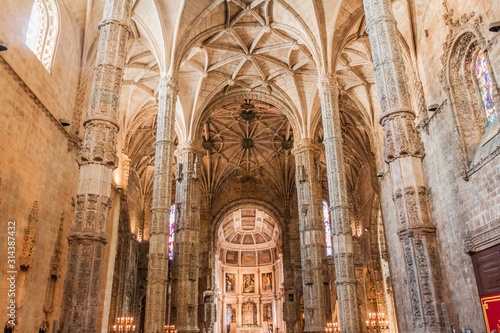 LISBON, PORTUGAL - OCTOBER 11, 2017: Interior of a church in Jeronimos (Hieronymites) monastery in Lisbon, Portugal