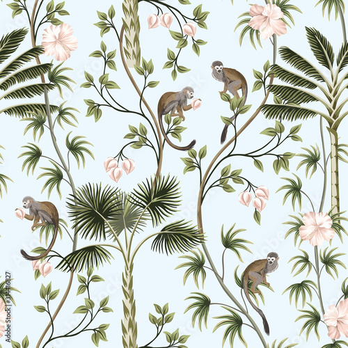 Tropical vintage monkey animal, hibiscus flower, peach fruit, palm leaves, liana floral seamless pattern blue background. Exotic jungle wallpaper.