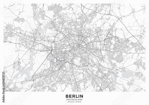 Berlin city map poster. Detailed map of Berlin (Germany). Transport system of the city. Includes properly grouped map features (water objects, railroads, roads etc).