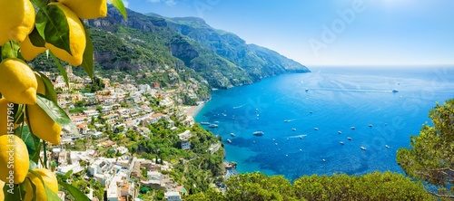 Beautiful Positano and clear blue sea on Amalfi Coast in Campania, Italy. Amalfi coast is popular travel and holyday destination in Europe.