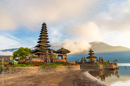 Pura Ulun Danu Bratan, Hindu temple on Bratan lake morning landscape, one of famous tourist attraction in Bali, Indonesia