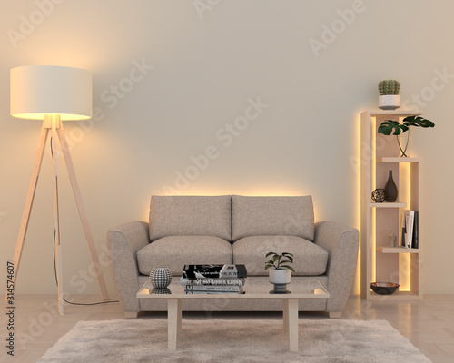 Interior wall with soft white led lights. 3D render