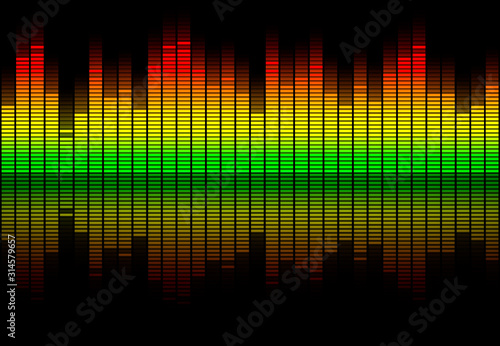Colorful retro audio equalizer bars with sound spectrum colors from green to red isolated on black. Music or decibels wave illustration.