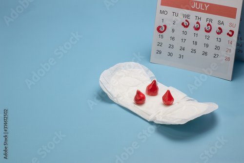 Medical conception photo. Red blood drop, daily and menstrual pad ,betel leaf and calendar. Woman critical days, gynecological menstruation cycle. Menstruation sanitary woman hygiene