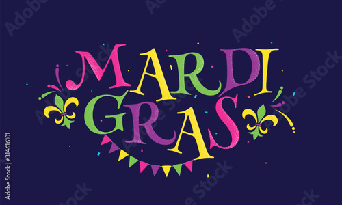 Colorful Mradi Gras Text with Fleur-De-Lis Symbol, Confetti and Bunting Flag Decorated on Purple Background.
