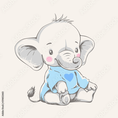 Vector hand drawn illustration of a cute baby elephant in a blue t-shirt.