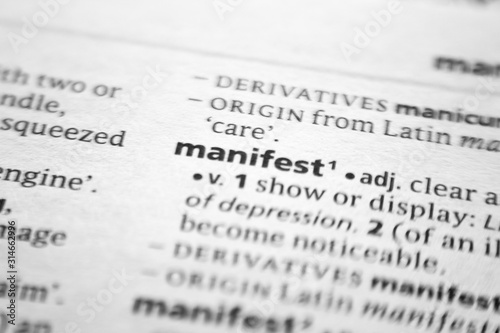 Word or phrase Manifest in a dictionary.