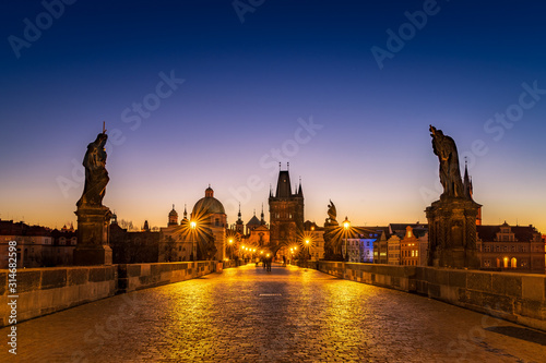 View of Charles Bridge in Prague during sunset, Czech Republic. The world famous Prague landmark.