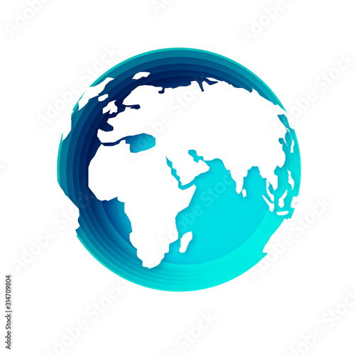 World Map Globe in blue circle paper cut frame.