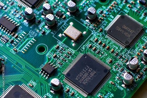 printed circuit Board with chips and radio components electronics