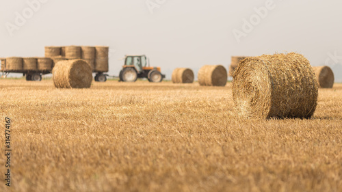 Tractor working in a field with bales of hay