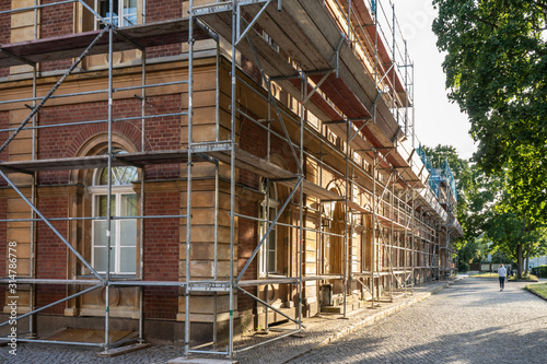 Construction scaffolding of a building under renovation.