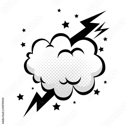 cloud with thunderbolt and stars pop art style icon vector illustration design