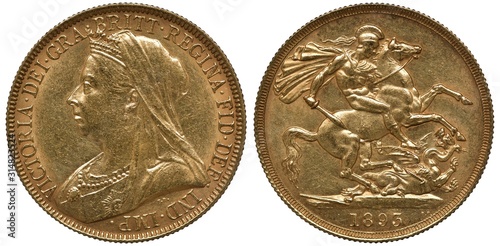 Great Britain British golden coin 2 two pounds 1893, latest bust of Queen Victoria left, St George on horse killing dragon, surface scratches,