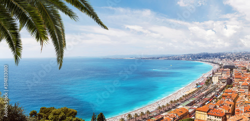 Panoramic, aerial view of Promenade des Anglais in Nice on a sunny day