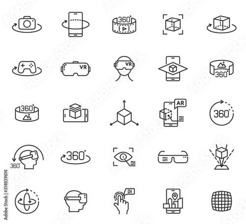 Virtual and augmented reality outline vector icons isolated on white background. AR and VR line icon set for web design, mobile apps, ui design and print. Futuristic technology concept