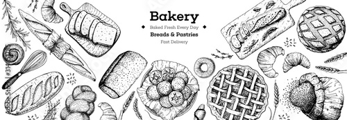 Bakery background. Bakery top view frame. Hand drawn sketch with bread, pastry, sweet. Bakery set vector illustration. Background design template . Engraved food image. Black and white package design.