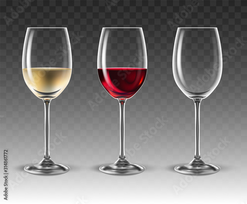 Two transparent glasses for wine, 3D vector. High detailed realistic illustration.