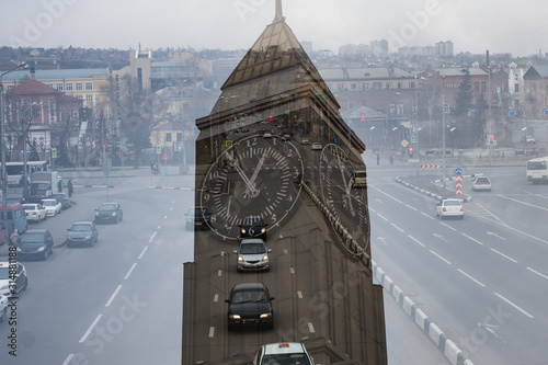 cityscape, clock tower, car traffic
