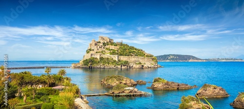 Aragonese Castle is most popular landmark in Tyrrhenian sea near Ischia island, Italy.