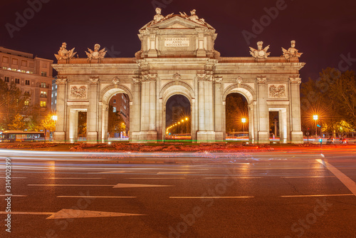 Evening view of the Puerta de Alcala in the city centre of Madrid, Spain