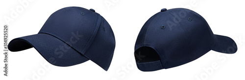 Blue baseball cap in angles view front and back. Mockup baseball cap for your design